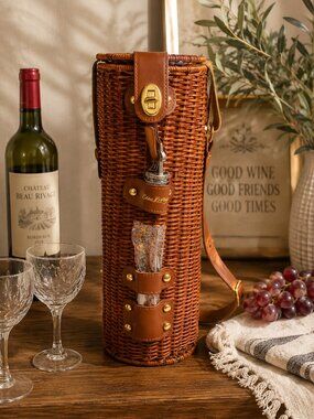 VTG Beau Rivage Wicker Wine BottleHolder Carrier Picnic Case w/Strap & Corkscrew